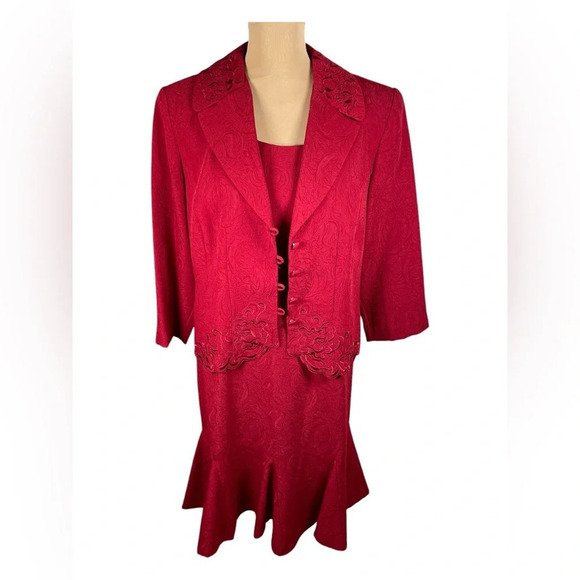 Danny & Nicole women's red 2pc dress buttonup jacket & skirt suit size 14 - Picture 1 of 14